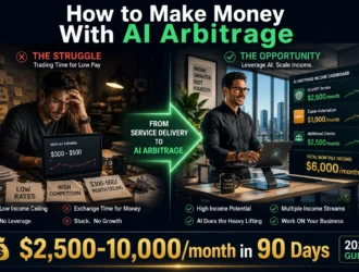 Split-screen transformation showing overwhelmed freelancer earning $300-500 monthly on left transitioning to confident professional earning $6,000+ monthly through AI arbitrage service model on right, with earnings dashboard displaying multiple income streams in emerald and gold colors. learn how to make money with ai arbitrage