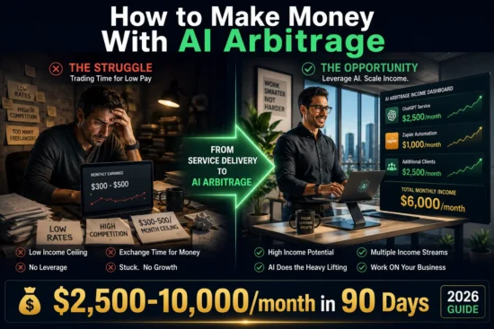 Split-screen transformation showing overwhelmed freelancer earning $300-500 monthly on left transitioning to confident professional earning $6,000+ monthly through AI arbitrage service model on right, with earnings dashboard displaying multiple income streams in emerald and gold colors. learn how to make money with ai arbitrage