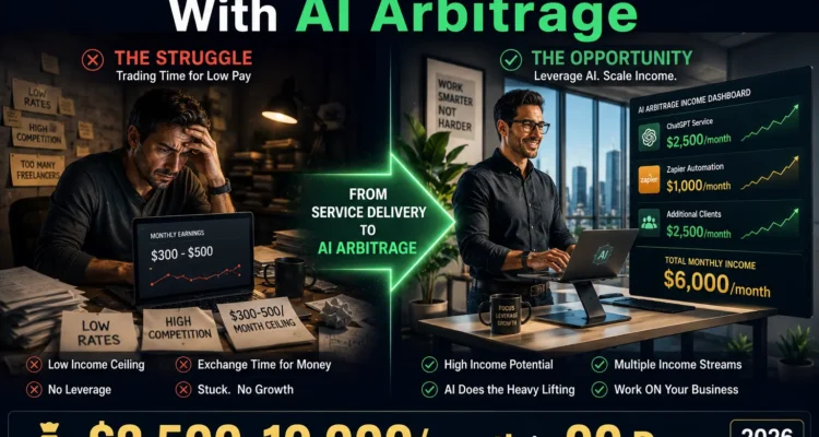 Split-screen transformation showing overwhelmed freelancer earning $300-500 monthly on left transitioning to confident professional earning $6,000+ monthly through AI arbitrage service model on right, with earnings dashboard displaying multiple income streams in emerald and gold colors. learn how to make money with ai arbitrage