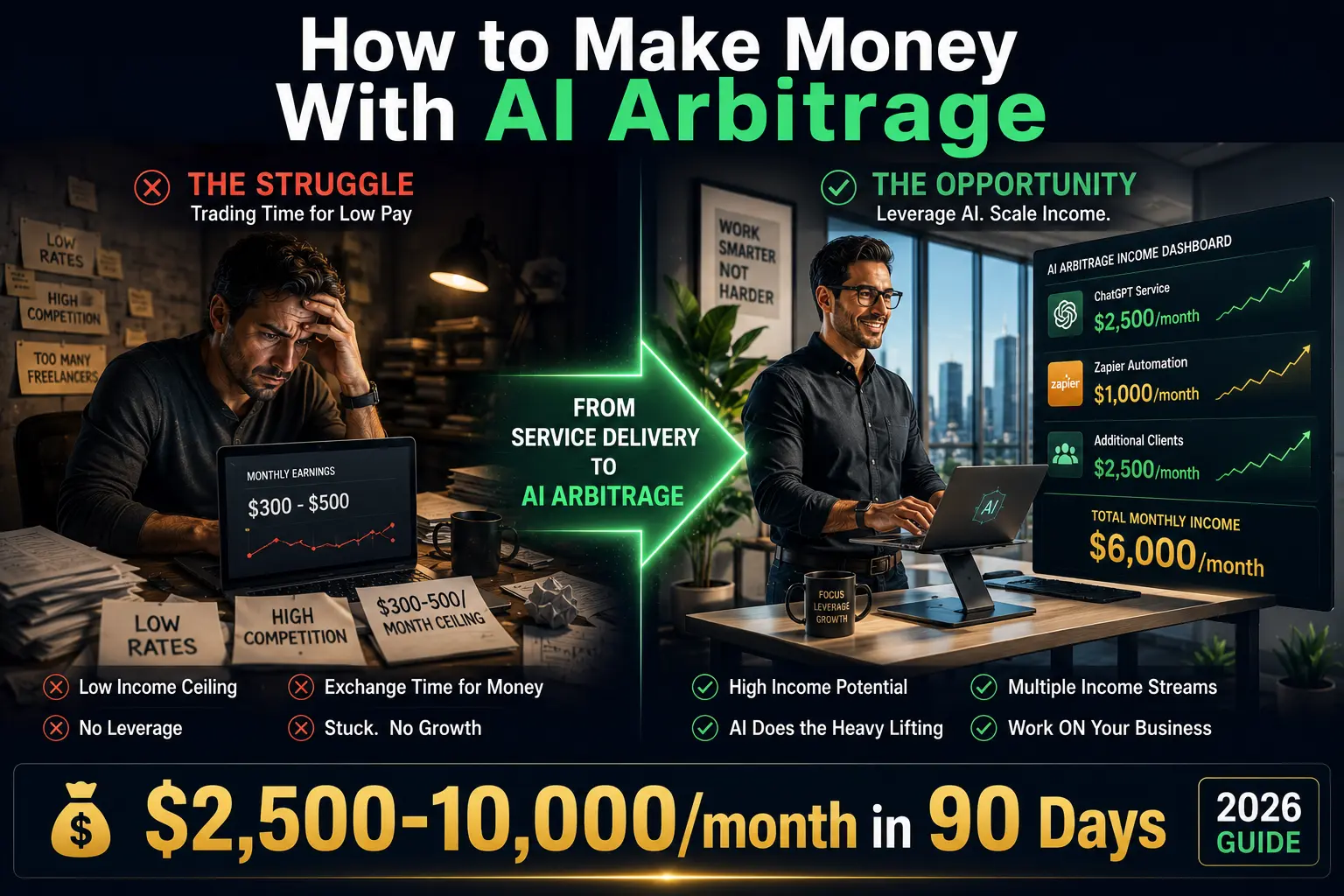 Split-screen transformation showing overwhelmed freelancer earning $300-500 monthly on left transitioning to confident professional earning $6,000+ monthly through AI arbitrage service model on right, with earnings dashboard displaying multiple income streams in emerald and gold colors. learn how to make money with ai arbitrage