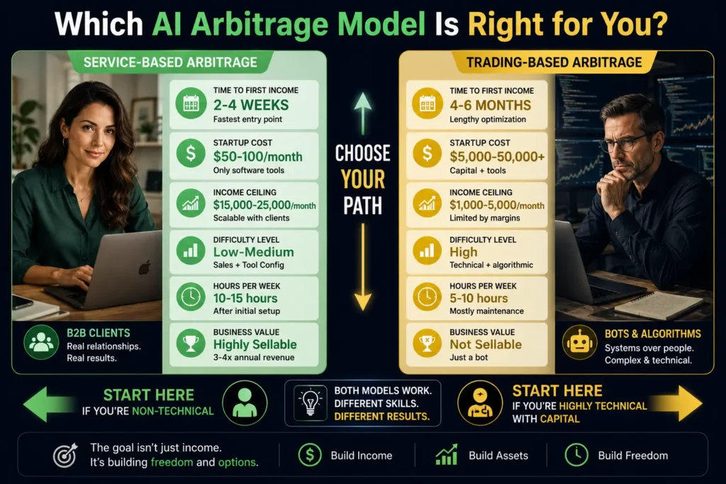 Side-by-side comparison of service-based AI arbitrage (2-4 weeks to first income, $50-100 startup, $15K-25K monthly ceiling, highly scalable) versus trading-based arbitrage (4-6 months to first income, $5K-50K+ startup, $1K-5K monthly ceiling, technical complexity).