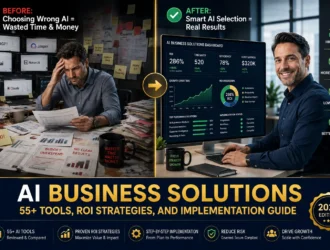 AI business solutions comparison - stressed manager overwhelmed with multiple tools on left transitioning to confident professional with unified AI dashboard showing ROI growth. Navy, emerald and gold colors indicating professional business transformation and AI implementation success.