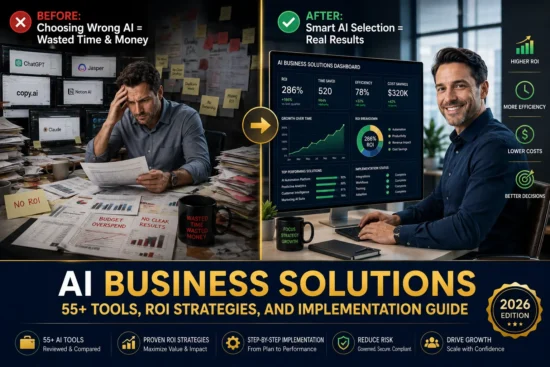 AI business solutions comparison - stressed manager overwhelmed with multiple tools on left transitioning to confident professional with unified AI dashboard showing ROI growth. Navy, emerald and gold colors indicating professional business transformation and AI implementation success.