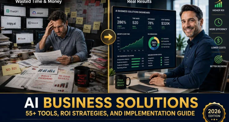 AI business solutions comparison - stressed manager overwhelmed with multiple tools on left transitioning to confident professional with unified AI dashboard showing ROI growth. Navy, emerald and gold colors indicating professional business transformation and AI implementation success.