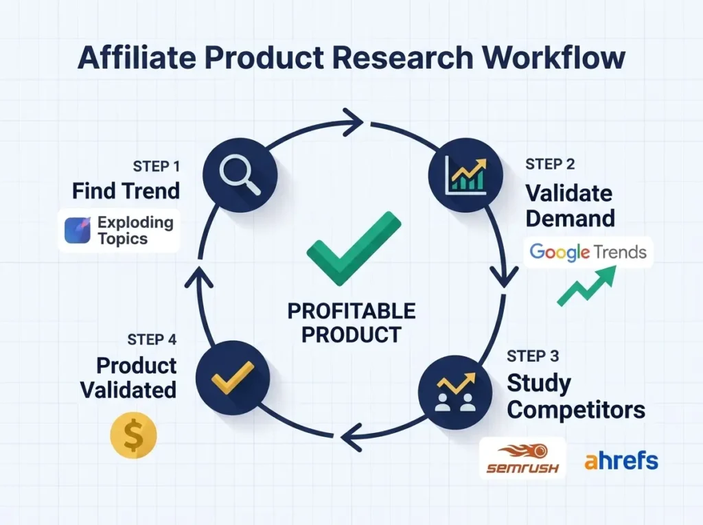 Product research workflow showing four steps: find trend, validate demand, study competitors, and validate profitable product using Exploding Topics, Google Trends, Semrush, and Ahrefs