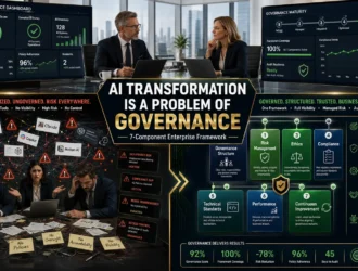 AI transformation is a problem of governance framework showing 7-component enterprise architecture with organized governance pillars for risk management, ethics, compliance, and performance measurement - essential strategy for preventing AI deployment failures in enterprise organizations