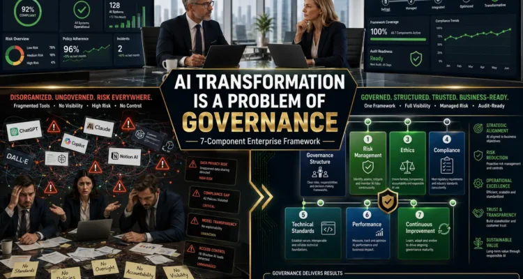 AI transformation is a problem of governance framework showing 7-component enterprise architecture with organized governance pillars for risk management, ethics, compliance, and performance measurement - essential strategy for preventing AI deployment failures in enterprise organizations
