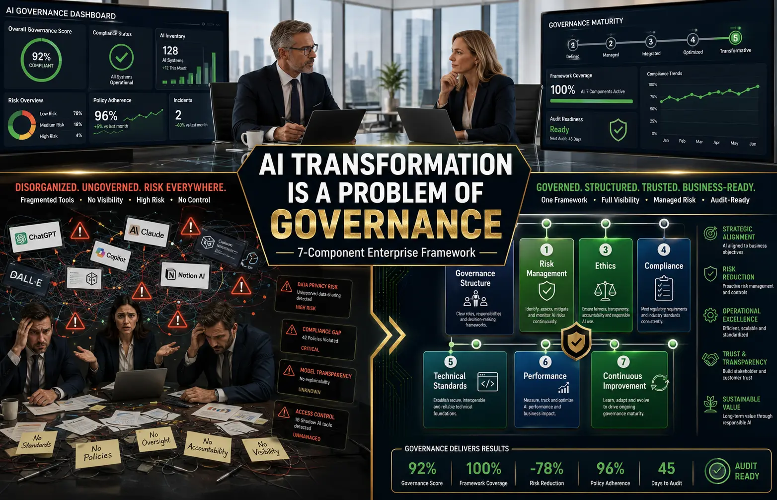 AI transformation is a problem of governance framework showing 7-component enterprise architecture with organized governance pillars for risk management, ethics, compliance, and performance measurement - essential strategy for preventing AI deployment failures in enterprise organizations