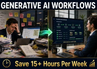 Before and after transformation: overwhelmed professional with manual work versus organized professional using generative AI workflows automation to save time