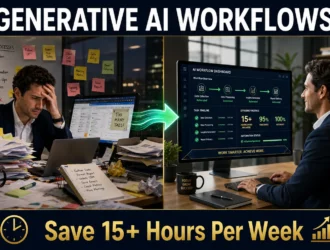 Before and after transformation: overwhelmed professional with manual work versus organized professional using generative AI workflows automation to save time