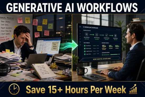 Before and after transformation: overwhelmed professional with manual work versus organized professional using generative AI workflows automation to save time