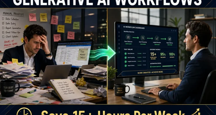 Before and after transformation: overwhelmed professional with manual work versus organized professional using generative AI workflows automation to save time