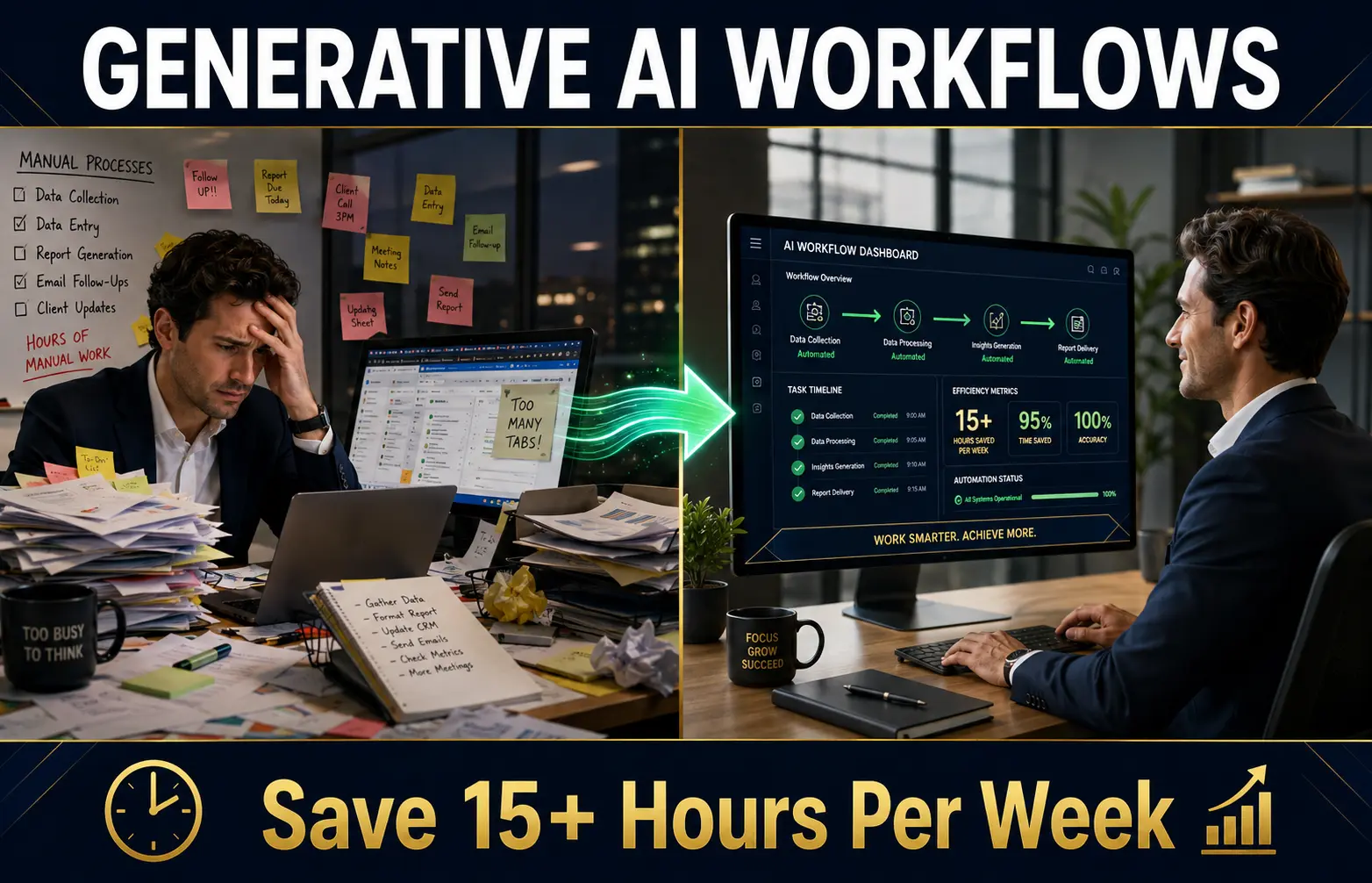 Before and after transformation: overwhelmed professional with manual work versus organized professional using generative AI workflows automation to save time
