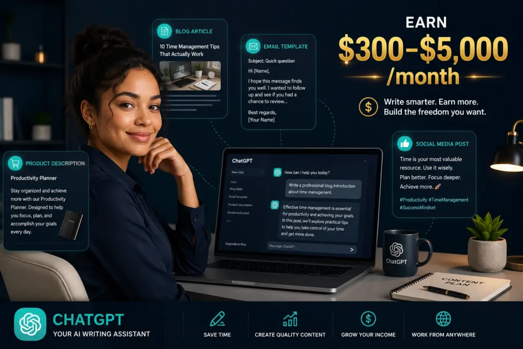 Young professional using ChatGPT AI tool for freelance writing jobs including blog posts, emails, and product descriptions earning $300-$5,000 per month