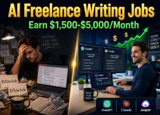 Split-screen transformation showing stressed freelance writer earning low rates transitioning to confident professional earning $1,500-$5,000 per month with ChatGPT, Claude, and Jasper AI tools for Split-screen transformation showing stressed freelance writer earning low rates transitioning to confident professional earning $1,500-$5,000 per month with ChatGPT, Claude, and Jasper AI tools for freelance writing jobs 2026 2026