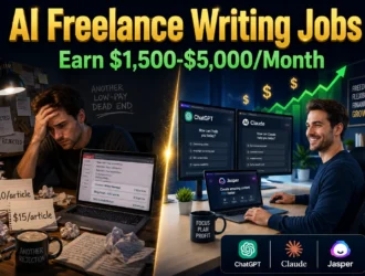 Split-screen transformation showing stressed freelance writer earning low rates transitioning to confident professional earning $1,500-$5,000 per month with ChatGPT, Claude, and Jasper AI tools for Split-screen transformation showing stressed freelance writer earning low rates transitioning to confident professional earning $1,500-$5,000 per month with ChatGPT, Claude, and Jasper AI tools for freelance writing jobs 2026 2026