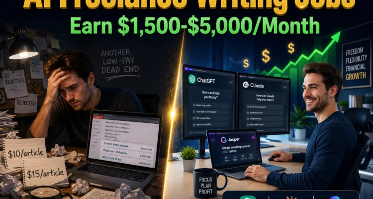 Split-screen transformation showing stressed freelance writer earning low rates transitioning to confident professional earning $1,500-$5,000 per month with ChatGPT, Claude, and Jasper AI tools for Split-screen transformation showing stressed freelance writer earning low rates transitioning to confident professional earning $1,500-$5,000 per month with ChatGPT, Claude, and Jasper AI tools for freelance writing jobs 2026 2026