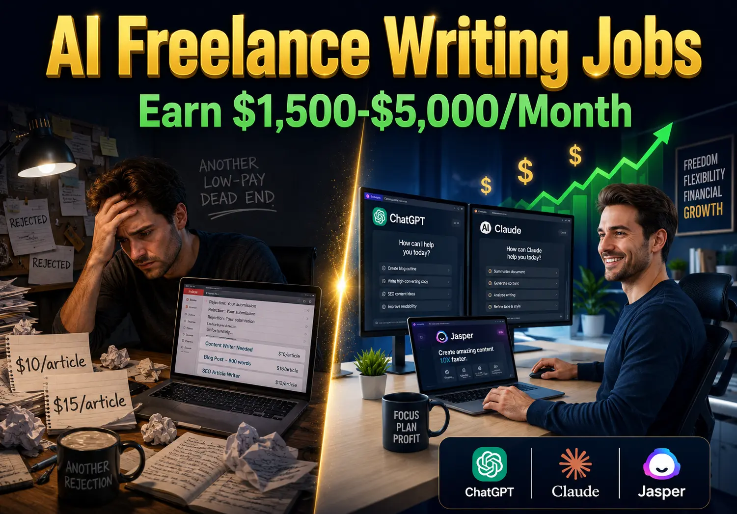 Split-screen transformation showing stressed freelance writer earning low rates transitioning to confident professional earning $1,500-$5,000 per month with ChatGPT, Claude, and Jasper AI tools for Split-screen transformation showing stressed freelance writer earning low rates transitioning to confident professional earning $1,500-$5,000 per month with ChatGPT, Claude, and Jasper AI tools for freelance writing jobs 2026 2026