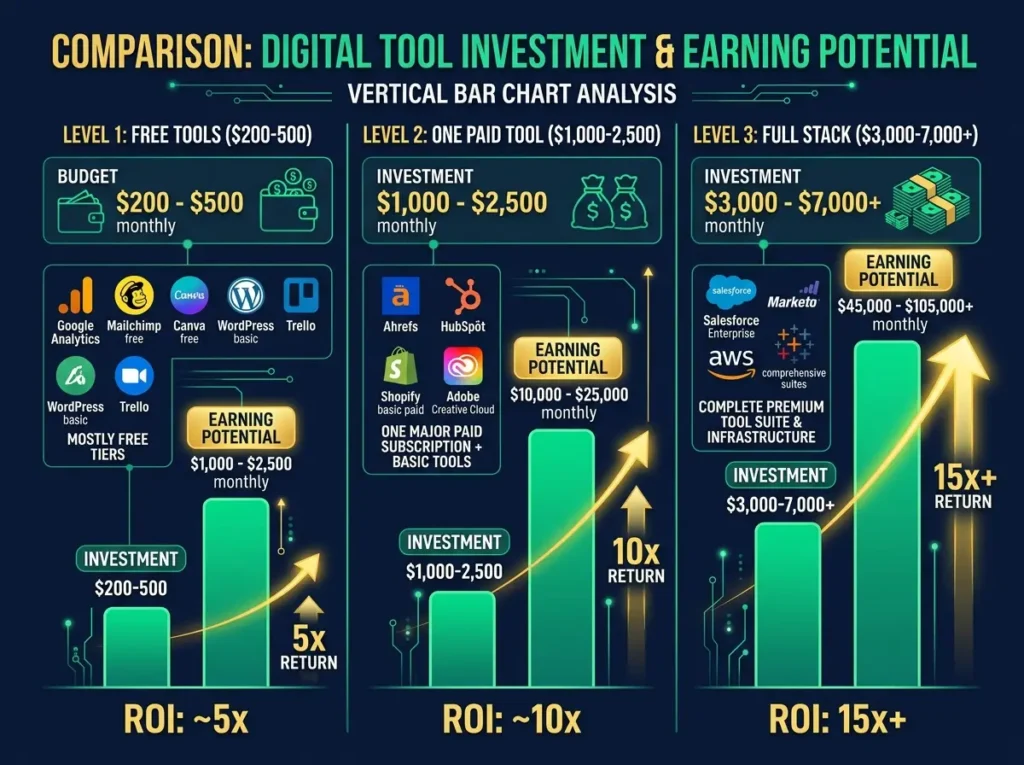 AI freelance writing earnings potential chart comparing free tools, one paid tool, and full stack showing monthly costs, income potential, and ROI from $200 to $7,000 per month