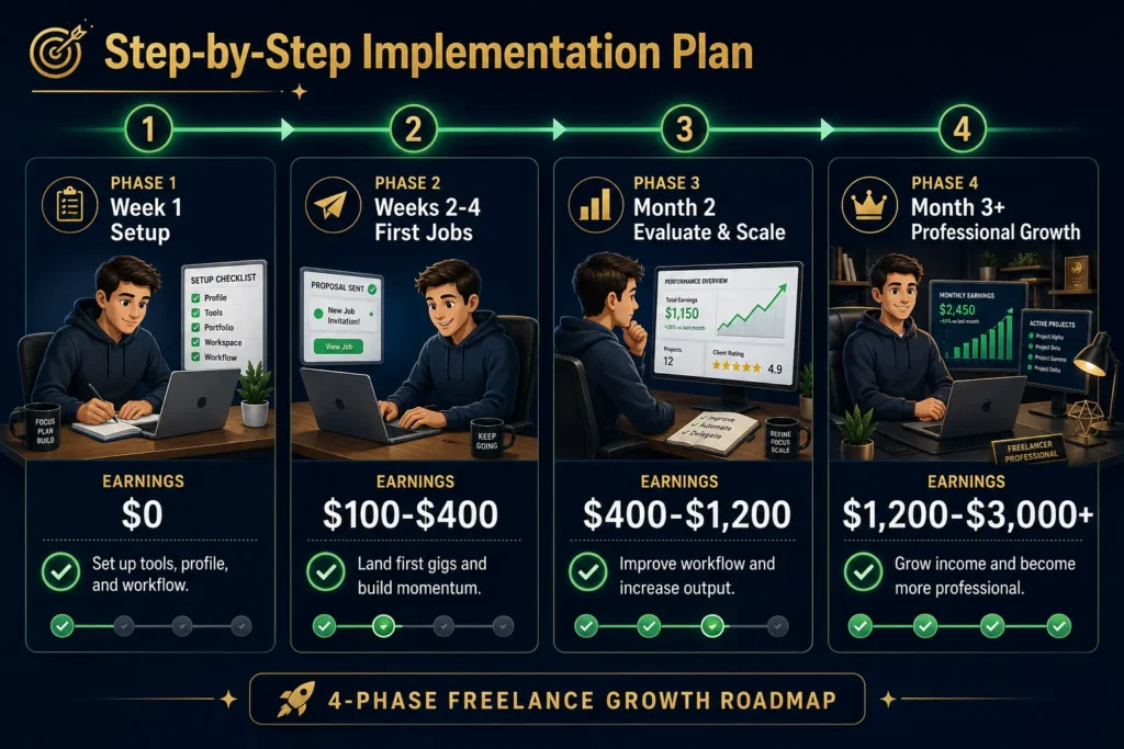 Step-by-step timeline showing freelancer journey from AI tool setup through first paid client to scaling to $1,200-3,000 monthly in 90 days