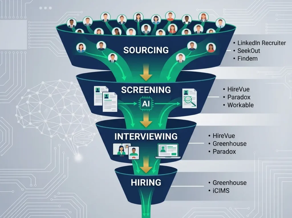 Recruitment funnel visualization showing how AI tools optimize sourcing, screening, interviewing, and hiring stages