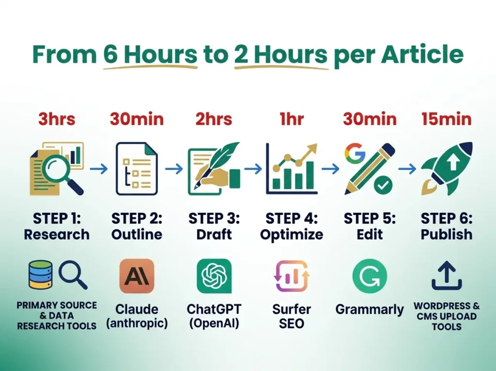 Content creation workflow showing six stages from research to publishing - demonstrates how AI tools Claude, ChatGPT, Surfer SEO, and Grammarly reduce article creation from 6 hours to 2 hours