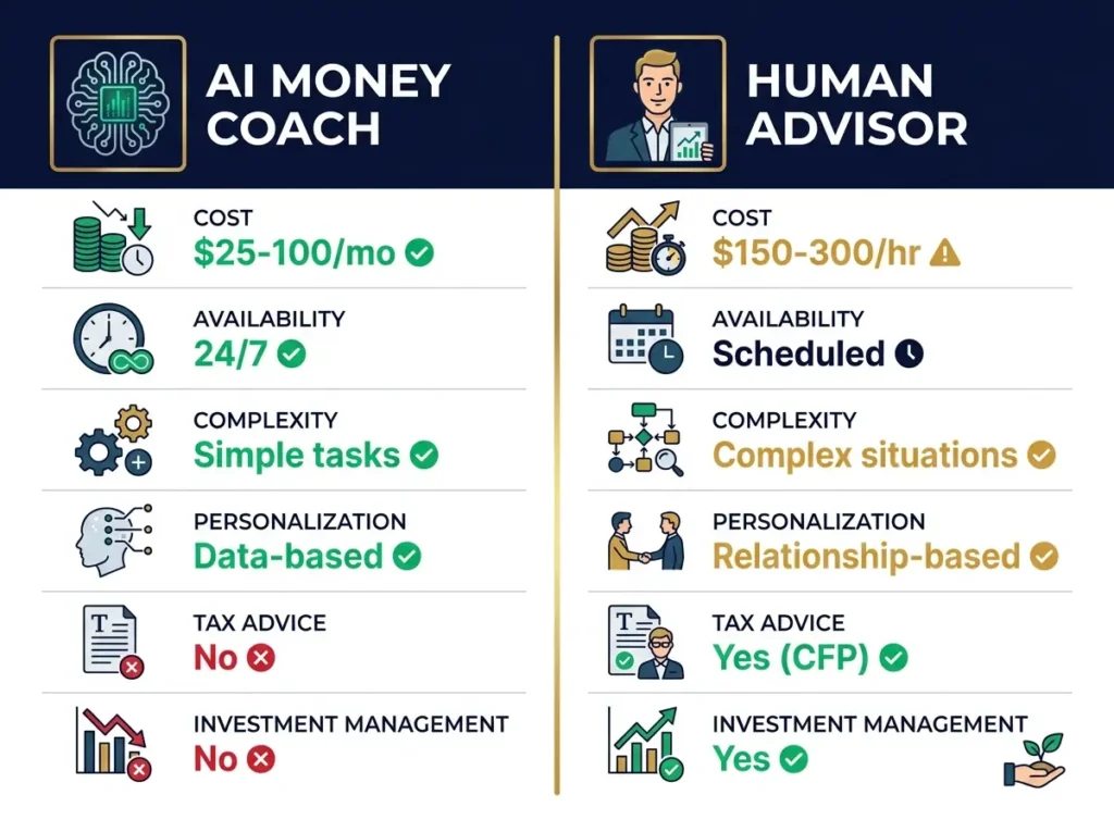 AI money coach versus human advisor comparison showing costs availability complexity personalization tax advice and investment management differences