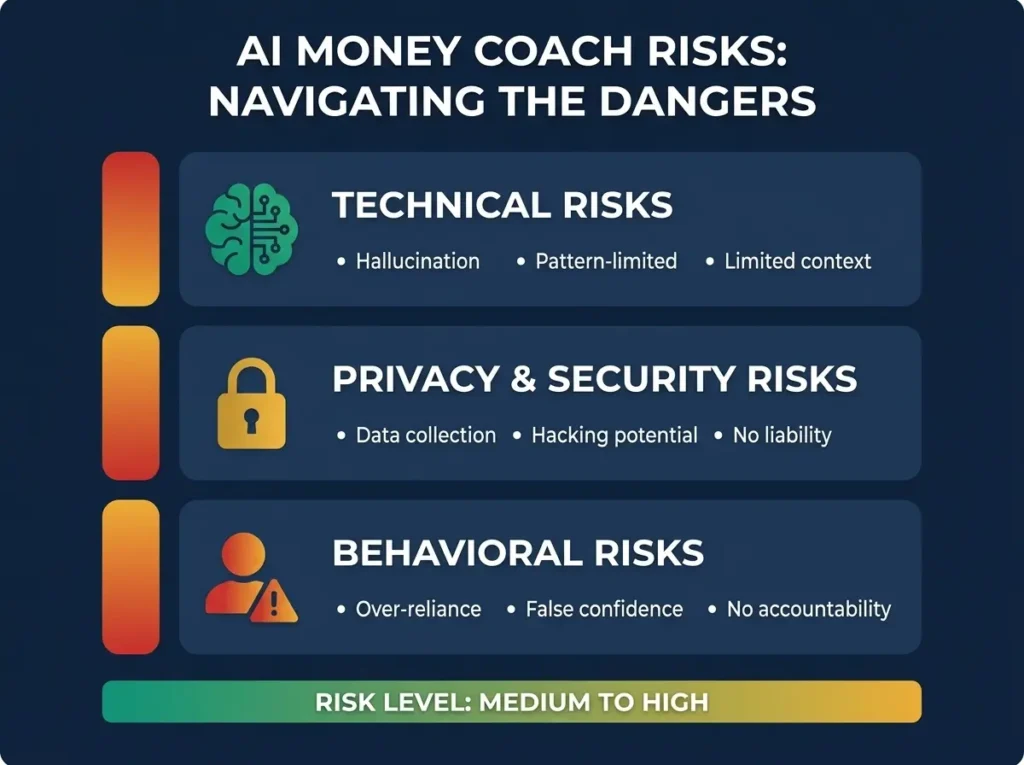 AI money coach risks and limitations including technical privacy behavioral and practical limitations