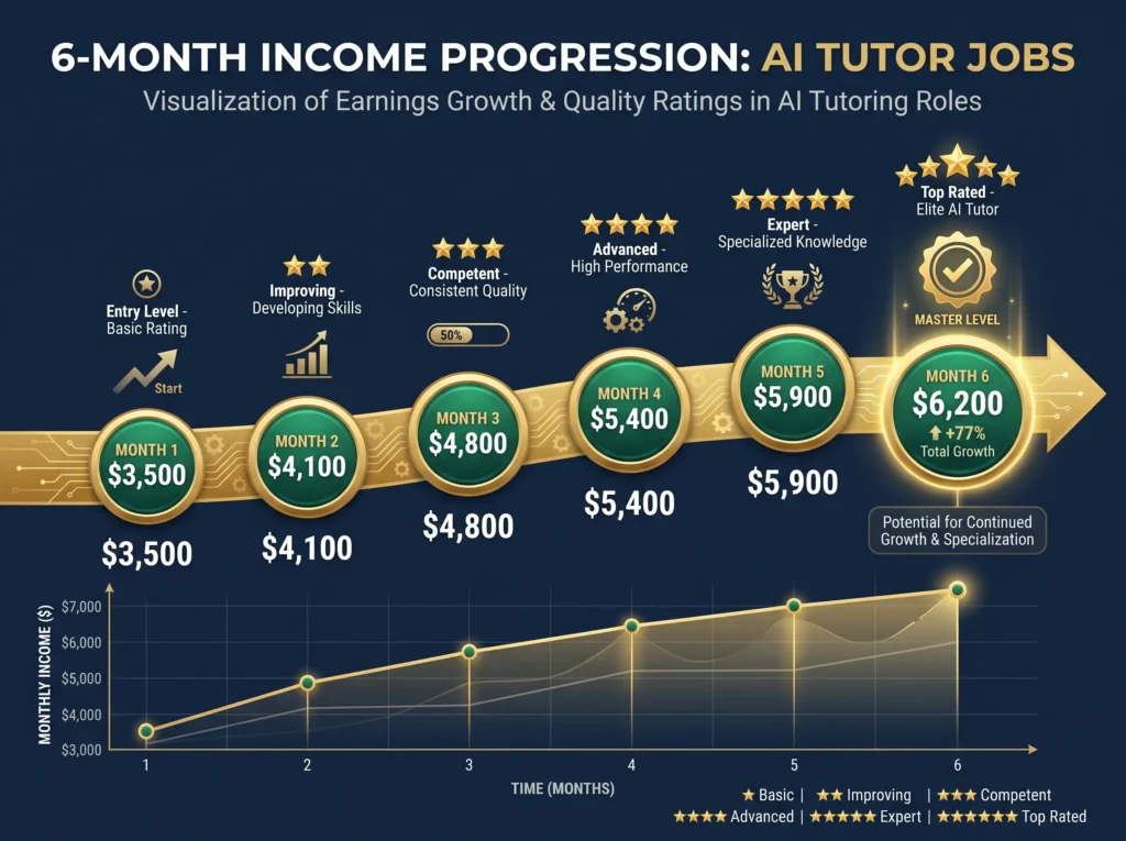 Timeline showing AI tutor job income progression from month 1 starting at $1,500 to month 6 reaching $2,500-3,000 at 20 hours per week