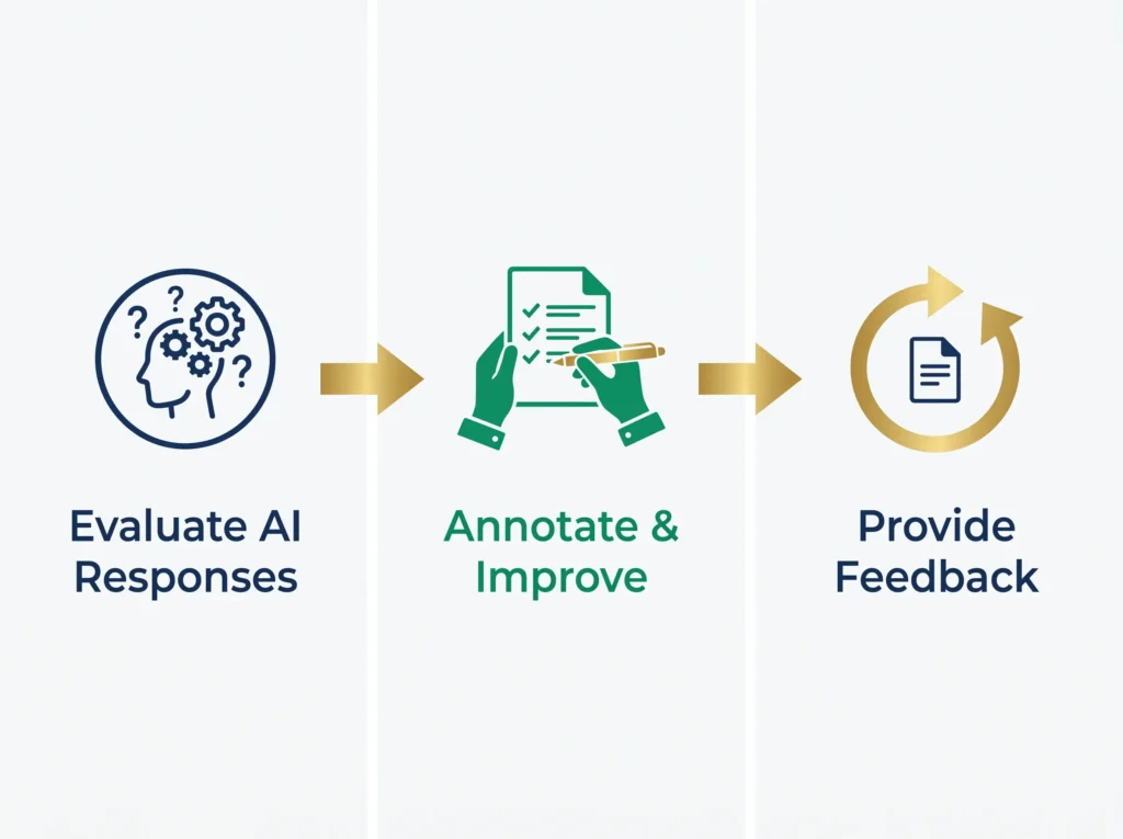 Infographic showing three core AI tutor job tasks: evaluate responses, annotate and improve outputs, and provide feedback for AI training