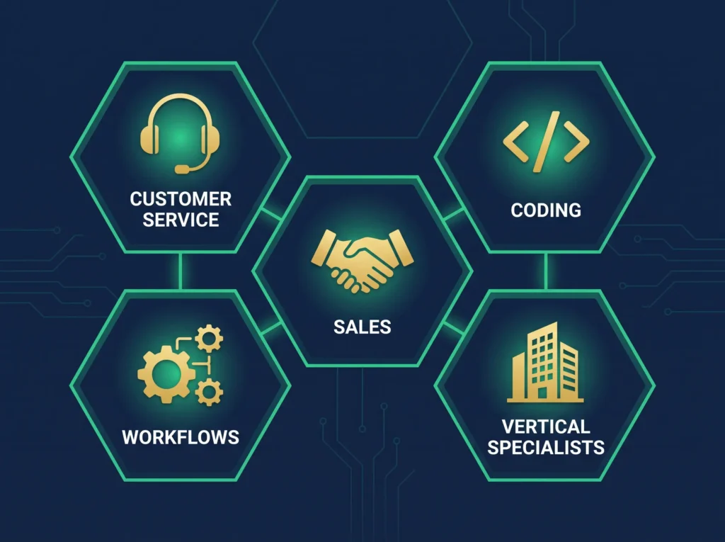 Categories of AI agent startups covering customer service coding sales and workflow automation