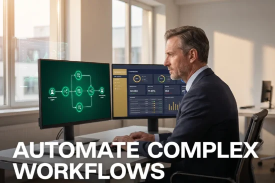 AI agents workflow automation manager reviewing automated business processes and efficiency gains