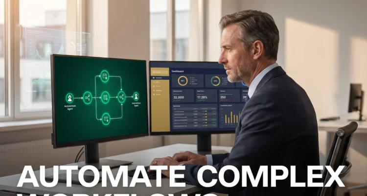 AI agents workflow automation manager reviewing automated business processes and efficiency gains