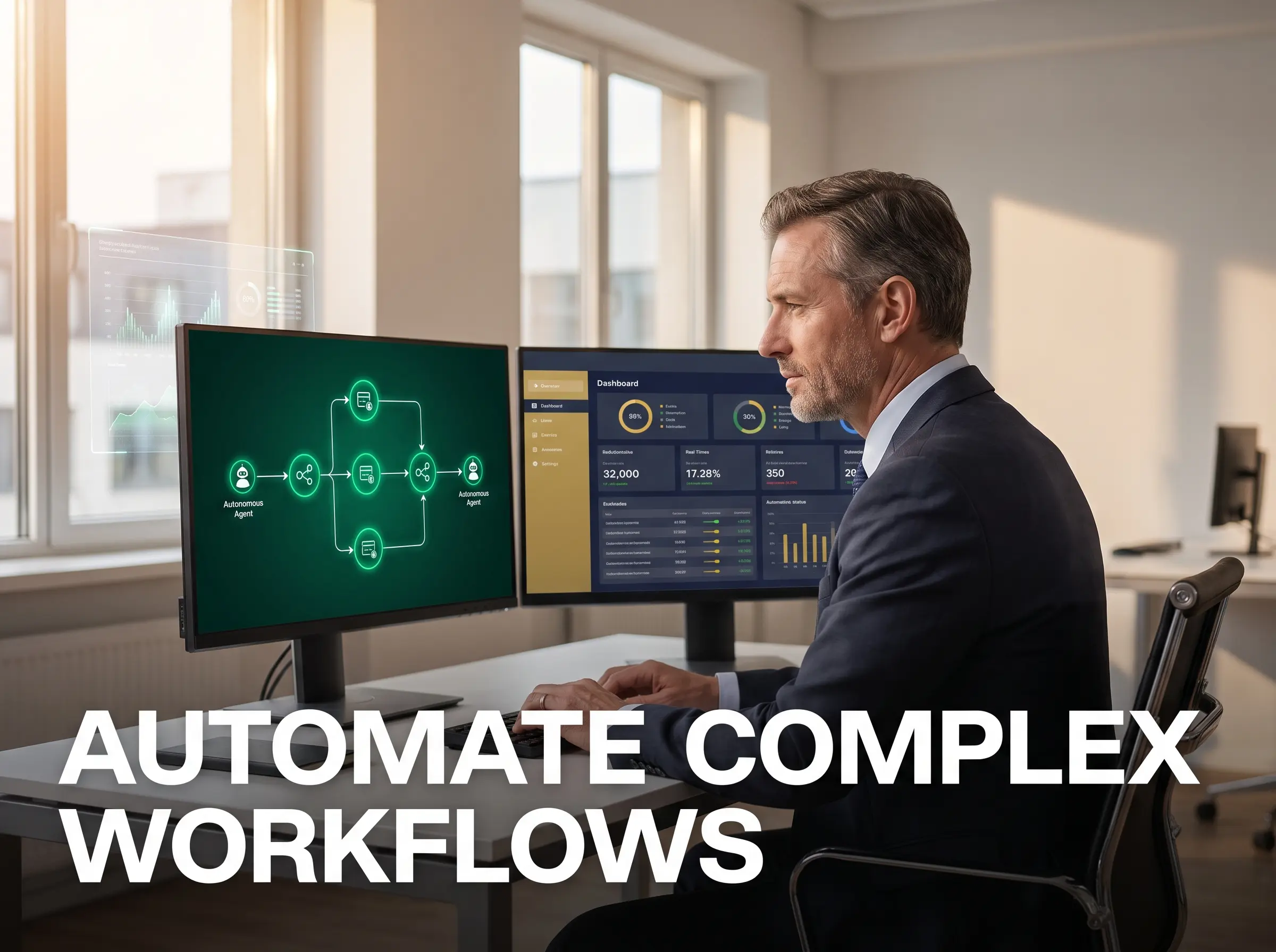 AI agents workflow automation manager reviewing automated business processes and efficiency gains
