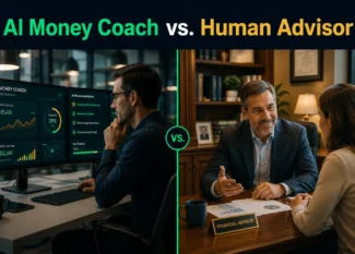 AI money coach vs. human financial advisor comparison showing AI-powered fintech interface and professional advisor consultation