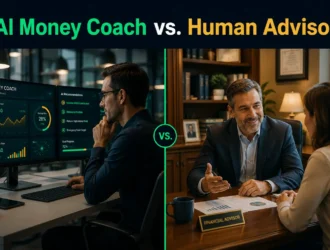 AI money coach vs. human financial advisor comparison showing AI-powered fintech interface and professional advisor consultation