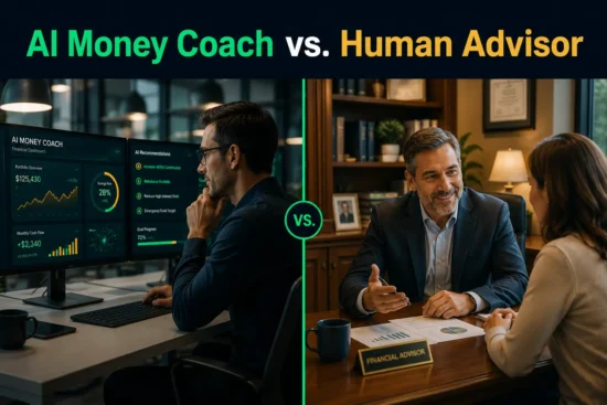 AI money coach vs. human financial advisor comparison showing AI-powered fintech interface and professional advisor consultation