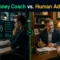 AI money coach vs. human financial advisor comparison showing AI-powered fintech interface and professional advisor consultation