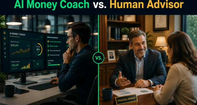 AI money coach vs. human financial advisor comparison showing AI-powered fintech interface and professional advisor consultation