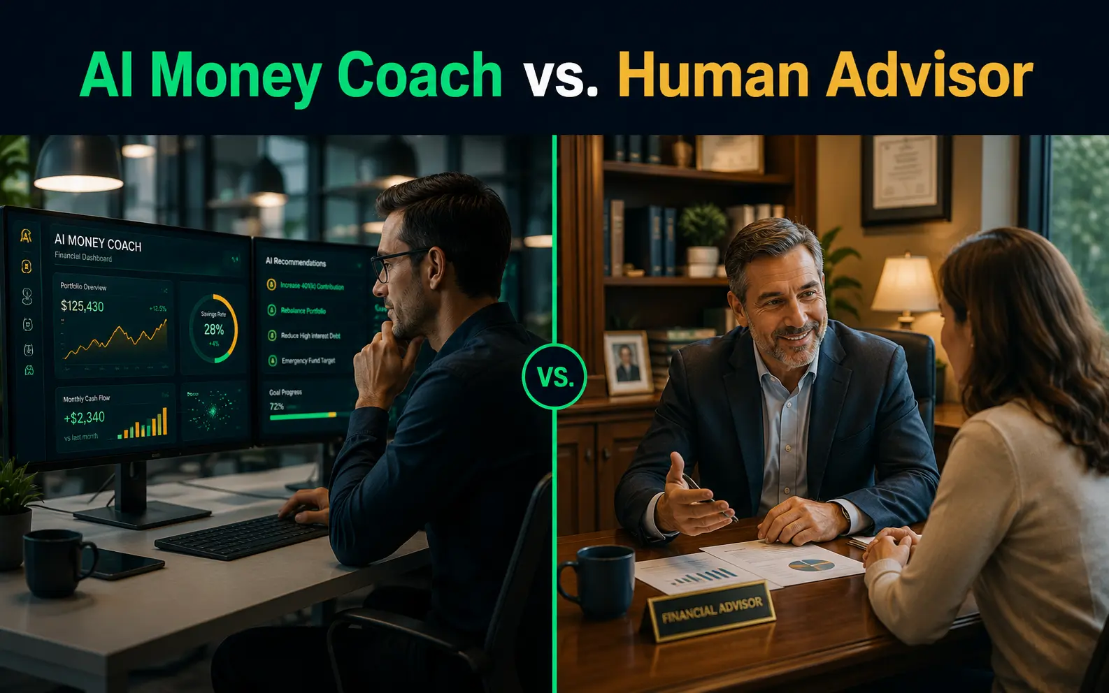 AI money coach vs. human financial advisor comparison showing AI-powered fintech interface and professional advisor consultation