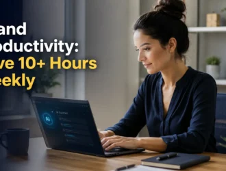 Professional woman at home office desk using AI and productivity tools on laptop to save time and increase work efficiency