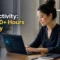 Professional woman at home office desk using AI and productivity tools on laptop to save time and increase work efficiency