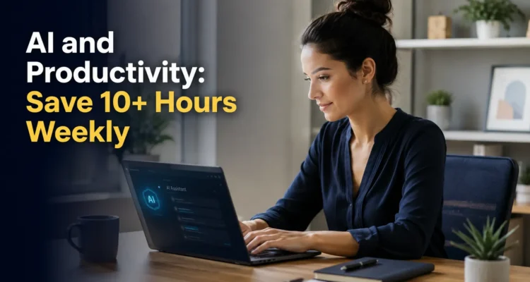 Professional woman at home office desk using AI and productivity tools on laptop to save time and increase work efficiency