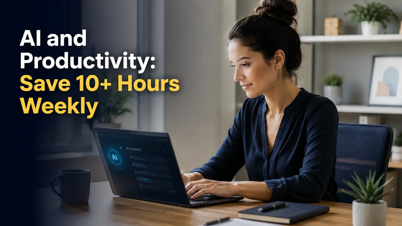 Professional woman at home office desk using AI and productivity tools on laptop to save time and increase work efficiency