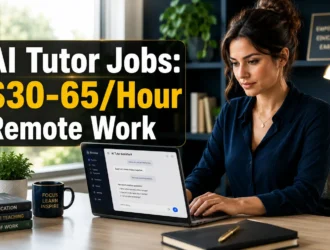 Professional woman working at home office laptop with AI tutor jobs 2026 hero image showing $30-65 per hour remote work opportunity
