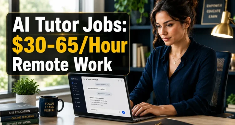 Professional woman working at home office laptop with AI tutor jobs 2026 hero image showing $30-65 per hour remote work opportunity