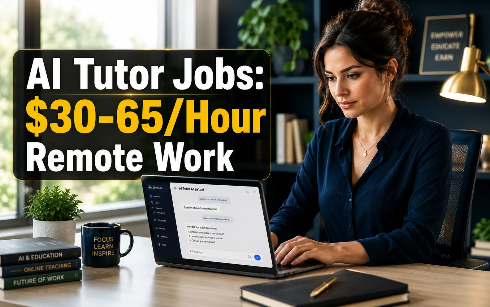 Professional woman working at home office laptop with AI tutor jobs 2026 hero image showing $30-65 per hour remote work opportunity