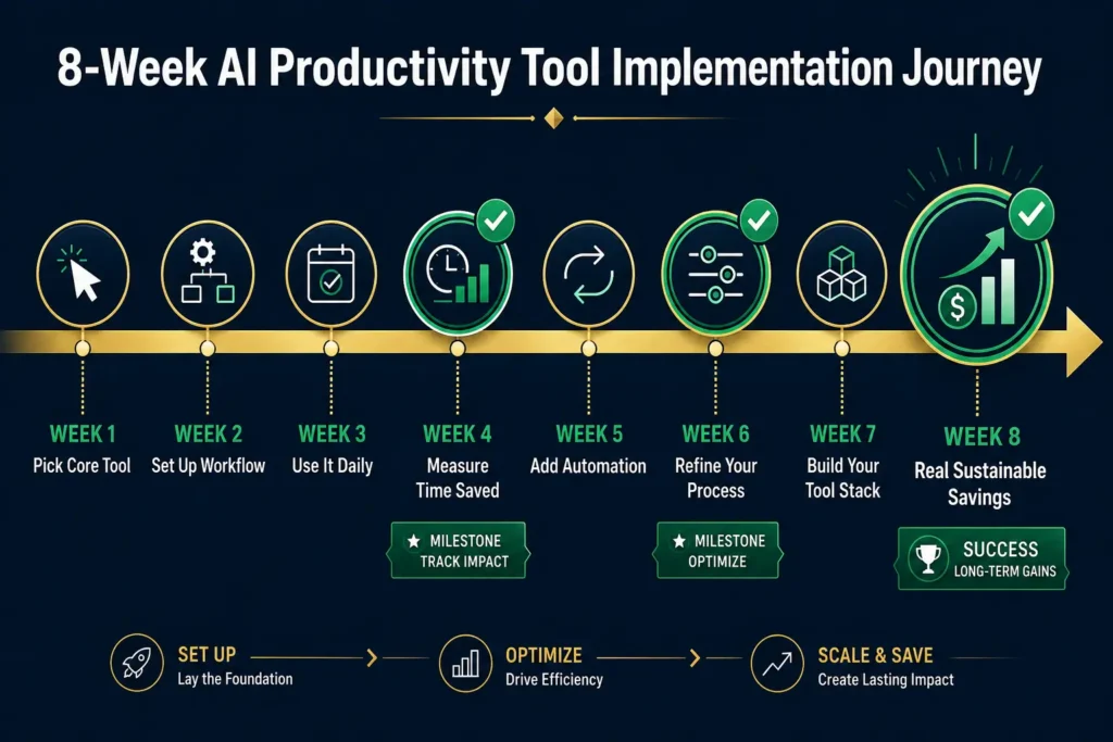 Eight-week implementation timeline for adopting AI and productivity tools showing realistic progression from tool selection to sustainable time savings