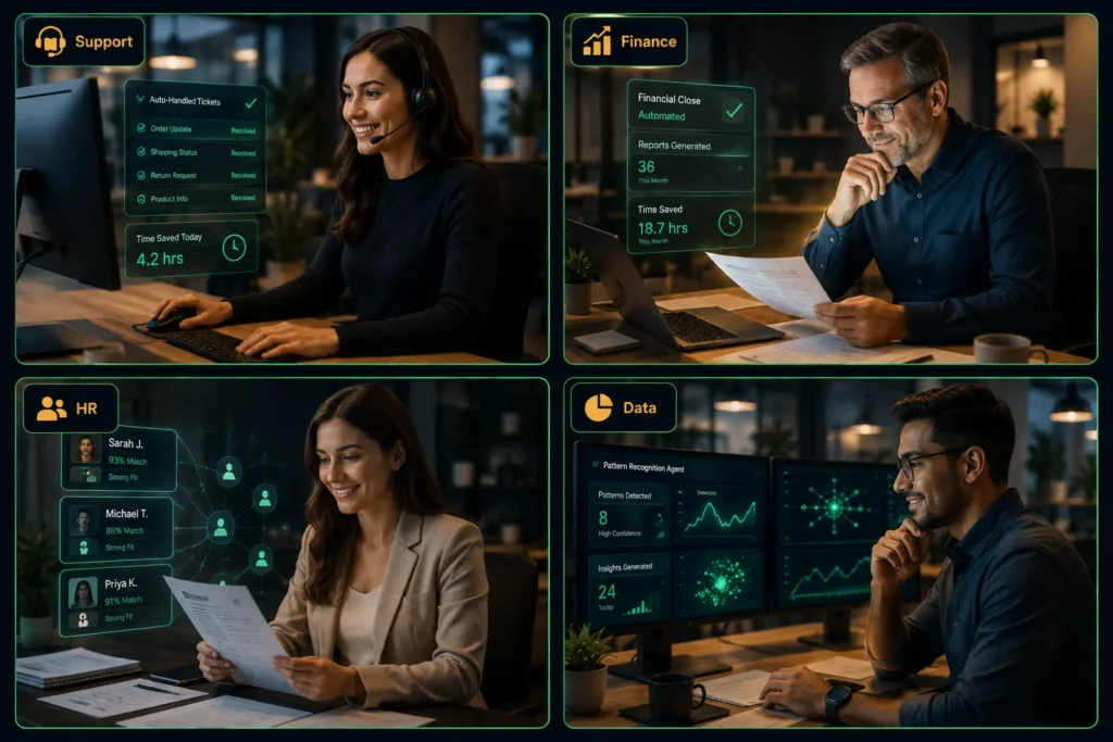 AI agents workflow automation across business functions support finance HR and data operations