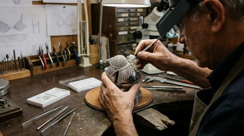 AI-generated illustration of a jeweller setting stones into an ornate piece at a workbench